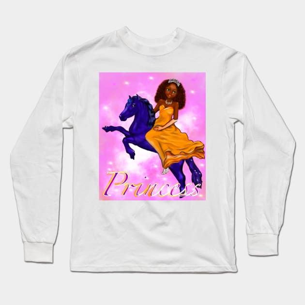 Black anime princess on horse Pink background ! beautiful  black girl with Afro hair, green eyes, Cherry pink lips and dark brown skin. Hair love ! Long Sleeve T-Shirt by Artonmytee